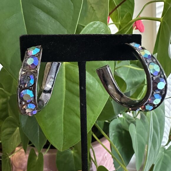 YSL Vintage Aurora Borealis Curved Hoop Earrings Crystal Rhinestone Signed 80s - Picture 8 of 16